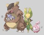  :&gt; :d anzu_(01010611) baby blush_stickers claws closed_eyes closed_mouth commentary cradling egg fang grey_background happiny happy highres holding holding_egg holding_pokemon kangaskhan leavanny open_mouth pokemon pokemon_(creature) sewaddle sleeping smile standing tongue 