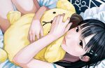  1girl black_eyes black_hair bright_pupils closed_mouth highres lipstick long_hair looking_at_viewer lying makeup object_hug on_back original pink_lips solo strap_slip stuffed_animal stuffed_bunny stuffed_toy tsunko_(9v2_q) white_pupils 