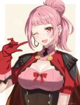  1girl alternate_costume alternate_hairstyle bangs blush breasts cleavage earrings fire_emblem fire_emblem:_three_houses fire_emblem_warriors:_three_hopes hair_bun highres hilda_valentine_goneril jewelry large_breasts long_hair looking_at_viewer official_alternate_costume official_alternate_hairstyle one_eye_closed open_mouth pink_eyes pink_hair shinae smile solo 