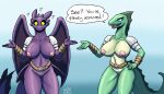 2022 5_fingers 60percentscalie anthro areola armor belt breasts dialogue dragon duo english_text female fingers genitals membrane_(anatomy) membranous_wings mostly_nude nipples pauldron pussy question_mark scar standing text wings 