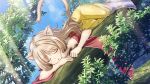  1girl amrita_(artwhirl) animal_ears artist_request artwhirl_mahou_gakuen_no_otome-tachi blonde_hair blue_sky cat_ears cat_tail closed_eyes day eyebrows_visible_through_hair game_cg gradient_skirt in_tree kimura_kitaka long_hair long_skirt lying on_stomach open_mouth red_scarf scarf shiny shiny_hair skirt sky sleeping solo sunlight tail tree white_skirt yellow_skirt 