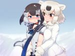  2girls :&lt; animal_ears bangs bear_ears bear_girl bear_tail behind_another black_hair blowhole blue_eyes blue_hair blush breast_press brown_eyes cetacean_tail choker closed_mouth collarbone colored_inner_hair day dress extra_ears eyebrows_visible_through_hair fur-trimmed_sleeves fur_collar fur_trim gloves grey_hair highres holding_hands jacket kemono_friends long_hair long_sleeves looking_at_viewer medium_hair mo23 multicolored_hair multiple_girls narwhal_(kemono_friends) nose_blush outdoors parted_bangs pocket polar_bear_(kemono_friends) short_sleeves side_ponytail sidelocks smile snow tail two-tone_hair upper_body very_long_hair white_hair 