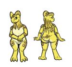  anthro big_butt brown_spots butt chubby_anthro chubby_female claws female frill_(anatomy) front_view genitals green_eyes kobold megasmitten neck_frill nude pussy rear_view sahlo_qah scales scalie short_tail slightly_chubby solo spots thick_thighs toe_claws wide_hips yellow_body yellow_scales 