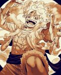  1boy abs alternate_form arm_up blood buttons collarbone crazy_eyes eyebrows fingernails fur_trim gear_fifth hat hat_on_back highres living_(pixiv5031111) looking_at_viewer male_focus medium_hair monkey_d._luffy nosebleed one_piece open_clothes open_mouth open_shirt outstretched_arm outstretched_hand pectorals scar scar_on_cheek scar_on_chest scar_on_face scratches sepia shorts smile solo spoilers spread_fingers steam stomach straw_hat toned toned_male unbuttoned v-shaped_eyebrows 