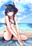  1girl absurdres animal_ear_fluff arknights bangs bare_arms bare_legs barefoot beach bikini black_bikini blue_hair blue_sky breasts cellphone cleavage cloud collarbone day dierbeibanjia earphones eyebrows_visible_through_hair full_body hair_between_eyes highres looking_at_viewer medium_breasts multi-strapped_bikini multicolored_hair ocean outdoors phone red_hair shiny shiny_hair sky smartphone solo swimsuit texas_(arknights) yellow_eyes 