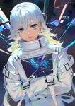  1girl abstract abstract_background absurdres blonde_hair blue_eyes chromatic_aberration closed_mouth ddal earbuds earphones hair_between_eyes highres long_hair looking_at_viewer multicolored_hair original slit_pupils smile solo straitjacket white_hair 