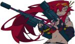  1girl anti-materiel_rifle bikini bikini_top_only black_gloves dual_wielding fingerless_gloves flame_print gloves gun hair_ornament highres holding holding_gun holding_weapon long_hair ponytail red_hair rifle scarf simple_background skull_hair_ornament sniper_rifle solo swimsuit tengen_toppa_gurren_lagann very_long_hair weapon white_background yaya_hiyayaka yellow_eyes yoko_littner 