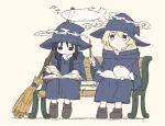  2girls alternate_costume bench black_eyes black_hair blonde_hair book book_stack broom chito_(shoujo_shuumatsu_ryokou) creature fish floating full_body hat long_sleeves multiple_girls nuko_(shoujo_shuumatsu_ryokou) robe shoes shoujo_shuumatsu_ryokou simple_background smug tm_(utfp3372) wand witch witch_hat yuuri_(shoujo_shuumatsu_ryokou) 