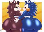  absurd_res animal_crossing anthro apron big_breasts big_butt blue_body blush bodily_fluids breast_squish breasts brown_body butt butt_grab clothed clothing curvy_figure digital_drawing_(artwork) digital_media_(artwork) duo eulipotyphlan female female/female fur hand_on_butt hedgehog hi_res incest_(lore) kissing lobokosmico looking_at_viewer mabel_able mammal nintendo open_mouth sable_able saliva sibling simple_background sister sisters squish thick_thighs video_games 