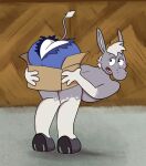  anthro asinus ass_up bottomwear box cardboard cardboard_box clothing container donk_(donkdork) donkey equid equine hi_res horseshoe male mammal multicolored_body multicolored_skin smallfryspy solo torn_bottomwear torn_clothing two_tone_body two_tone_skin underwear 