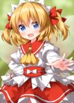  1girl ascot blue_eyes blush fairy fairy_wings hair_between_eyes headdress highres juliet_sleeves long_sleeves open_mouth orange_hair puffy_sleeves red_skirt ruu_(tksymkw) shirt short_hair skirt smile solo sunny_milk touhou two_side_up upper_body white_shirt wings yellow_ascot 