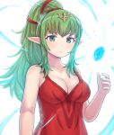  1girl bare_shoulders breasts cleavage collarbone dragonstone dress fire_emblem fire_emblem_awakening floating floating_object glowing green_eyes green_hair highres kutabireta_neko large_breasts long_hair older pointy_ears ponytail red_dress short_dress side_slit simple_background sleeveless sleeveless_dress solo tiki_(fire_emblem) upper_body white_background 