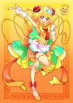  1girl absurdres ankle_bow apron arm_up back_bow bike_shorts blonde_hair bow bowl brooch bun_cover china_dress chinese_clothes cure_yum-yum delicious_party_precure dragon dragon_wings dress earrings eyebrows_visible_through_hair full_body gloves gradient gradient_background hair_between_eyes hanamichi_ran heart_brooch highres huge_bow jewelry long_hair magical_girl mem-mem_(precure) mitsuki_tayura orange_background orange_dress orange_footwear orange_shorts precure purple_eyes red_hair short_hair_with_long_locks shorts sleeveless sleeveless_dress standing standing_on_one_leg two-tone_background waist_apron white_gloves wings yellow_background 