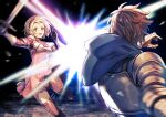  1boy 1girl armor blonde_hair blue_hoodie boots breastplate brown_hair djeeta_(granblue_fantasy) dress duel gauntlets gran_(granblue_fantasy) granblue_fantasy granblue_fantasy_versus hairband holding holding_sword holding_weapon hood hoodie kingyo_114 motion_blur open_mouth orange_eyes pink_dress short_hair shoulder_armor smile sword thigh_boots thighhighs v-shaped_eyebrows weapon 