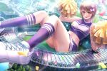  1girl bow brown_eyes brown_hair cheerleader crop_top giant giantess hair_bow highres holding holding_pom_poms kneehighs midriff miniskirt numaguro_(tomokun0808) open_mouth original pink_bow pleated_skirt pom_pom_(cheerleading) purple_legwear purple_shirt purple_skirt shirt shoes short_hair skirt sleeveless sleeveless_shirt smile sneakers solo stadium white_footwear 