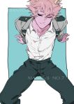  1boy aqua_background arm_support artist_name ashido_mina black_sclera boku_no_hero_academia collared_shirt colored_sclera colored_skin commentary genderswap genderswap_(ftm) green_pants grey_jacket highres horns jacket long_sleeves looking_at_viewer male_focus mantos_no.7 one_eye_closed open_clothes open_jacket pants pink_hair pink_skin school_uniform shirt short_hair sitting smile solo thai_commentary u.a._school_uniform watermark white_background white_shirt yellow_eyes 