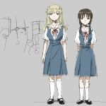  absurdres arms_behind_back black_footwear blonde_hair blue_eyes blue_skirt brown_eyes brown_hair chito_(shoujo_shuumatsu_ryokou) full_body grey_background highres kneehighs long_hair looking_at_viewer mary_janes neck_ribbon neon_genesis_evangelion nuko_(shoujo_shuumatsu_ryokou) red_ribbon ribbon sailor_collar school_uniform shirt shoes short_sleeves shoujo_shuumatsu_ryokou simple_background skirt suspender_skirt suspenders tokyo-3_middle_school_uniform tsukumizu_yuu twintails white_legwear white_sailor_collar white_shirt yuuri_(shoujo_shuumatsu_ryokou) 