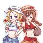  100_percent_orange_juice 2girls bangs barrel bikini blonde_hair blue_bikini blue_eyes blue_sarong bow bow_bikini braid breasts brown_eyes brown_hair collarbone cup fernet_(red_barrel) flying_red_barrel forehead hat hat_bow holding_barrel kelsuis low_twintails marc_(red_barrel) midriff multicolored_bikini multicolored_clothes multiple_girls navel one_eye_closed open_mouth red_bikini sarong small_breasts solo stomach straw_hat sun_hat swimsuit twin_braids twintails upper_body white_bikini white_headwear wristband 