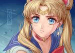  1girl bishoujo_senshi_sailor_moon blonde_hair blue_eyes blue_sailor_collar blurry blurry_background choker circlet crescent crescent_earrings double_bun earrings heart heart_choker jewelry kotikomori long_hair meme parted_lips portrait red_choker sailor_collar sailor_moon sailor_moon_redraw_challenge_(meme) sailor_senshi_uniform solo twintails 