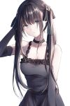  1girl arcaea bangs bare_shoulders black_bow black_choker bow breasts brown_hair choker cleavage closed_mouth collarbone dress elbow_gloves eyebrows_visible_through_hair gloves grey_dress grey_eyes grey_gloves hair_between_eyes hair_bow hand_in_own_hair highres long_hair medium_breasts shiny shiny_hair simple_background sleeveless sleeveless_dress solo standing tairitsu_(arcaea) twintails very_long_hair white_background yukkering_(yukke) 
