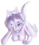  anthro bedroom_eyes breasts ceratopsian dinosaur female goodbye_volcano_high hair humanoid looking_at_viewer lying mammal narrowed_eyes nude on_front one_eye_closed ornithischian purple_body purple_eyes purple_hair purple_skin reptile scalie seductive simple_background small_breasts smile smirk snoot_game_(fan_game) solo triceratops trish_(gvh) unknown_artist video_games white_background 