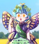  1girl antennae aqua_hair butterfly_wings clover day dress eternity_larva eyebrows_visible_through_hair fairy four-leaf_clover green_dress highres kokeshi_(yoi_no_myoujou) leaf leaf_on_head multicolored_clothes multicolored_dress open_mouth orange_eyes short_hair short_sleeves solo touhou upper_body wings 