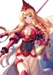  1girl armor athena_(granblue_fantasy) bangs black_gloves blonde_hair blue_eyes braid breasts chest_guard cleavage closed_mouth collarbone covered_navel feet_out_of_frame gloves granblue_fantasy hair_tubes headdress holding holding_polearm holding_weapon kingyo_114 long_hair looking_at_viewer polearm shield shoulder_armor small_breasts smile solo spear tri_braids tri_tails vambraces weapon 