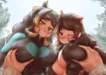  2girls ;) animal_ears arms_at_sides bangs black_hair blonde_hair blush bodysuit breast_grab breasts closed_mouth commentary_request covered_nipples day extra_ears eyebrows_visible_through_hair eyelashes goggles goggles_on_head grabbing highres hippopotamus_(kemono_friends) hippopotamus_ears hippopotamus_gorgops_(kemono_friends) kemono_friends large_breasts long_sleeves looking_at_viewer multicolored_hair multiple_girls one_eye_closed open_clothes outdoors pov pov_hands red_hair smile teriiman two-tone_hair unaligned_breasts unzipped upper_body yellow_eyes zipper 