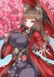  1girl absurdres amagi_(azur_lane) animal_ear_fluff animal_ears azur_lane breasts brown_hair cherry_blossoms coat cowboy_shot eiico fox_ears fox_girl highres holding holding_umbrella japanese_clothes kimono kitsune large_breasts long_hair looking_at_viewer metal_belt oil-paper_umbrella open_clothes open_coat outstretched_arm petals purple_eyes purple_kimono red_coat red_umbrella sakuramon solo umbrella wide_sleeves 