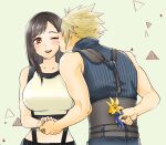  1boy 1girl bare_shoulders black_hair black_skirt blonde_hair blush breasts cloud_strife couple earrings final_fantasy final_fantasy_vii final_fantasy_vii_remake flower holding holding_flower jewelry kiss kissing_cheek large_breasts long_hair one_eye_closed open_mouth red_eyes shouyu_(soysoy) skirt sleeveless sleeveless_turtleneck spiked_hair suspender_skirt suspenders tank_top tifa_lockhart turtleneck 