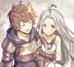  1boy 1girl :t ^_^ ahoge armor bangs bare_shoulders blue_eyes blue_hair blue_hoodie blush breastplate brown_hair choker closed_eyes collarbone dress gauntlets gran_(granblue_fantasy) granblue_fantasy hood hoodie kingyo_114 long_hair looking_at_viewer lyria_(granblue_fantasy) open_mouth pale_color parted_bangs pout short_hair shoulder_armor sleeveless sleeveless_dress smile spiked_hair sweatdrop 