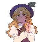  ascot bangs blonde_hair brown_headwear brown_vest closed_mouth collared_shirt fedora frilled_hat frilled_shirt_collar frills green_ascot happy hat hat_feather jacket_girl_(dipp) juliet_sleeves long_hair long_sleeves looking_at_viewer nekolina own_hands_clasped own_hands_together parted_bangs puffy_sleeves shirt simple_background smile solo touhou upper_body very_long_hair vest white_background white_shirt yellow_eyes 
