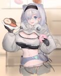  1girl :d absurdres animal_ears arknights aurora_(arknights) bangs bear_ears black_hairband black_shirt blue_eyes breasts cleavage cleavage_cutout clothing_cutout commentary crop_top cropped_jacket doughnut eyes_visible_through_hair fengyin_shici_guozi food grey_hair hair_over_one_eye hairband hand_up highres holding holding_food holding_plate indoors jacket large_breasts long_hair long_sleeves midriff navel ooarai_school_uniform plate school_uniform shirt smile solo stomach upper_body very_long_hair white_jacket 