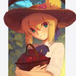  1girl apple artoria_pendragon_(fate) bangs basket blonde_hair blush boa_(brianoa) breasts fate/stay_night fate_(series) food fruit green_eyes hat highres long_hair looking_at_viewer saber shirt short_sleeves sidelocks smile solo straw_hat white_shirt 
