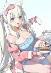  1girl :d absurdres animal_ear_fluff animal_ears bangs blue_dress blue_eyes bow breasts cake cake_slice cat_ears cat_girl cat_tail chucolala cleavage commentary dress eyebrows_visible_through_hair food frilled_dress frills hair_bow hair_ornament hairclip highres holding holding_plate j.xh jacket large_breasts long_hair long_sleeves looking_at_viewer off_shoulder open_clothes open_jacket pink_bow pink_jacket plate puffy_long_sleeves puffy_sleeves shirayuki_aria single_thighhigh sitting smile solo strap_slip strawberry_shortcake striped striped_legwear tail tail_garter thighhighs twintails very_long_hair virtual_youtuber white_hair 