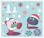  arm_up artist_name beanie blue_background blue_eyes blush blush_stickers border commentary_request crossover dragon_quest eye_contact full_body fur-trimmed_headwear green_scarf happy hat highres holding holding_snowball kirby kirby_(series) leg_up long_tongue looking_at_another miwa_(ahyuck) motion_lines no_humans open_mouth pom_pom_(clothes) purple_headwear red_headwear scarf signature slime_(creature) slime_(dragon_quest) smile snowball snowball_fight snowflakes solid_oval_eyes standing standing_on_one_leg star_(symbol) star_print throwing tongue tongue_out white_border 