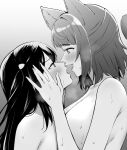  2girls animal_ears asymmetrical_bangs bangs bare_shoulders beauty_and_the_beast black_hair blush breast_press breasts completely_nude fangs french_kiss grabbing hair_between_eyes hair_ornament highres kiss kitaku_jikan_(ktk_jkn) large_breasts long_hair looking_at_another love_live! love_live!_nijigasaki_high_school_idol_club monster_girl multiple_girls nude saliva saliva_trail short_hair steam sweat sweatdrop tongue tongue_out uehara_ayumu yuri yuuki_setsuna_(love_live!) 