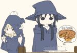  2girls afterimage apple_pie black_eyes black_hair blonde_hair blue_eyes chito_(shoujo_shuumatsu_ryokou) clothes_pin crumbs floating hat multiple_girls nuko_(shoujo_shuumatsu_ryokou) plate shoujo_shuumatsu_ryokou speech_bubble tm_(utfp3372) witch witch_hat yuuri_(shoujo_shuumatsu_ryokou) 