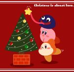  absurdres arm_up bauble black_eyes blue_eyes blush blush_stickers christmas christmas_tree commentary_request crossover dragon_quest english_text full_body happy highres kirby kirby_(series) leg_up long_tongue miwa_(ahyuck) motion_lines no_humans no_mouth notice_lines one_eye_closed open_mouth red_background simple_background slime_(creature) slime_(dragon_quest) smile solid_oval_eyes stacking standing standing_on_one_leg star_(symbol) tongue tongue_hold tongue_out waddle_dee wall-eyed wince 