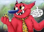 2021 anthro bugsnak bugsnax cromdo_face dialogue digital_drawing_(artwork) digital_media_(artwork) egg eggler english_text food food_creature fur grumpus holding_object male mammal necktie open_mouth open_smile red_body red_fur smile solo speech_bubble teeth text thepipefox tusks yellow_eyes young_horses 