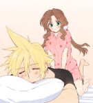  1boy 1girl aerith_gainsborough bangs barefoot bed_sheet black_shirt blonde_hair blush breasts buttons closed_eyes cloud_strife face_in_pillow final_fantasy final_fantasy_vii food_print green_eyes hair_between_eyes krudears low_ponytail lying massage medium_breasts on_stomach pajamas parted_bangs pillow pink_pajamas shirt sidelocks smile spiked_hair straddling strawberry_print wavy_hair 