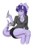  anthro bottomwear breasts business_attire business_suit businesswear ceratopsian cleavage clothed clothing crossed_legs dinosaur ear_piercing ear_ring facial_horn female freckles goodbye_volcano_high hair horn humanoid jewelry looking_at_viewer mammal ornithischian piercing purple_body purple_eyes purple_hair purple_skin reptile scalie simple_background skirt smile snoot_game_(fan_game) solo suit triceratops trish_(gvh) unknown_artist video_games white_background 