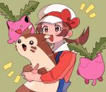  1girl :d blue_overalls blush_stickers bow brown_eyes brown_hair cabbie_hat commentary_request furret green_background hat hat_bow highres holding holding_pokemon hoppip long_hair lyra_(pokemon) momotose_(hzuu_xh4) open_mouth overalls pokemon pokemon_(creature) pokemon_(game) pokemon_hgss red_bow red_shirt shirt smile twintails white_headwear 