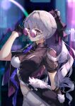  1girl absurdres asymmetrical_gloves black_gloves black_ribbon blurry blurry_background breasts bronya_zaychik chinese_commentary cityscape clothing_cutout clothing_request commentary_request drill_hair earrings eyelashes fur_trim gloves grey_eyes grey_hair hair_ribbon half_gloves highres honkai_(series) honkai_impact_3rd jewelry large_breasts looking_at_viewer mismatched_gloves outdoors ponytail ribbon ringlets serious single_half_glove solo stomach_cutout sunglasses tinted_eyewear upper_body zombie-andy 