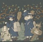  2girls alternate_costume backpack bag black_eyes black_hair blonde_hair branch broom chito_(shoujo_shuumatsu_ryokou) floating frown full_body hat lantern long_sleeves multiple_girls mushroom nuko_(shoujo_shuumatsu_ryokou) plant robe sad shoes shoujo_shuumatsu_ryokou tm_(utfp3372) vines witch witch_hat yuuri_(shoujo_shuumatsu_ryokou) 