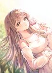  1girl bangs bare_shoulders blunt_bangs blush breasts collarbone dress flower frilled_sleeves frills highres holding holding_flower large_breasts light_brown_hair long_hair looking_at_viewer lying original pink_flower solo ssum_(ehf_dustk) white_dress yellow_eyes 