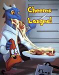  anthro anthrope_arts blue_body blue_scales cheese clothed clothing cutlery dairy_products dew_dragon digital_media_(artwork) eating english_text female food fork garfield_(series) garfield_the_cat hi_res horn kitchen_utensils kobold lasagna orange_eyes pasta plate scales scalie simple_background smile solo solo_focus text tomato_sauce tools 
