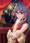  3girls :d absurdres bangs black_hair blue_eyes braid braided_ponytail china_dress chinese_clothes dress fireworks fu_hua green_kimono hair_ornament highres honkai_(series) honkai_impact_3rd japanese_clothes kallen_kaslana kimono long_hair looking_at_viewer monocle multiple_girls night night_sky open_mouth pink_eyes pink_kimono ponytail red_dress sitting sky sleeveless sleeveless_dress smile white_hair wucanming yae_sakura 