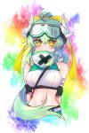  1girl absurdres ahoge armlet bow closed_mouth crop_top dated fate/grand_order fate_(series) goggles goggles_on_head green_hair hair_bow heart heart_in_eye highres kiyohime_(fate) kiyohime_(jurassic_dream)_(fate) long_hair looking_at_viewer midriff motimotimeshi navel official_alternate_costume ponytail rainbow_background signature smile solo symbol_in_eye twitter_username yellow_bow yellow_eyes 