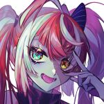  1girl bangs black_nails brown_eyes colored_skin fangs green_eyes grey_hair grey_skin highres hololive hololive_indonesia kureiji_ollie multicolored_hair portrait red_hair sattari smile solo stitched_face streaked_hair tongue tongue_out twintails v virtual_youtuber white_background zombie 